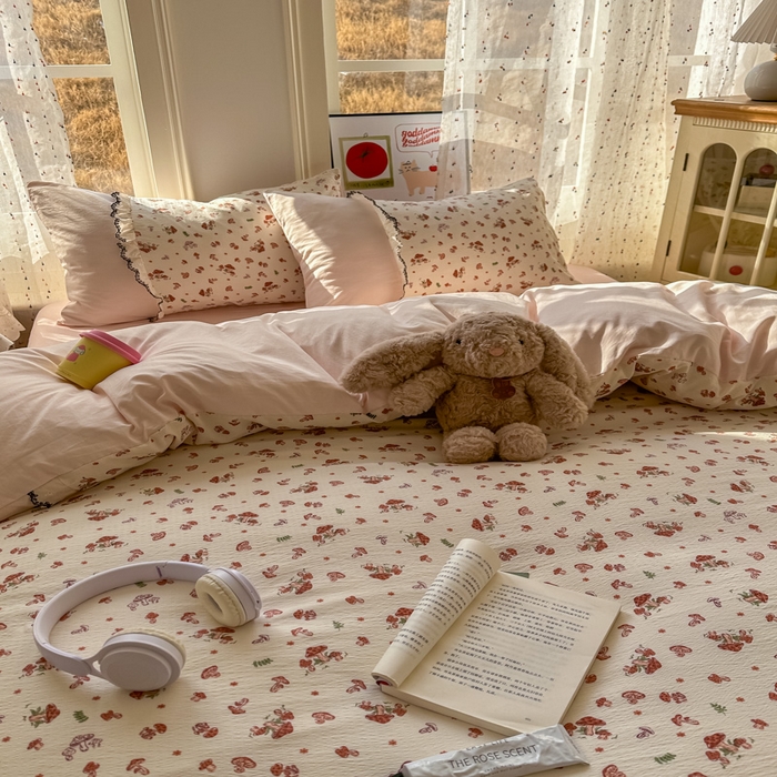 91家纺网 家纺一手货源 找家纺 贝凯瑞 2026新款小花边水洗棉绣花ins小清新床单床裙床笠四件套 蘑菇园