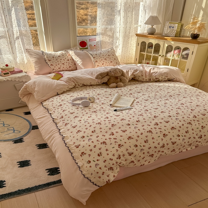 91家纺网 家纺一手货源 找家纺 贝凯瑞 2026新款小花边水洗棉绣花ins小清新床单床裙床笠四件套 蘑菇园