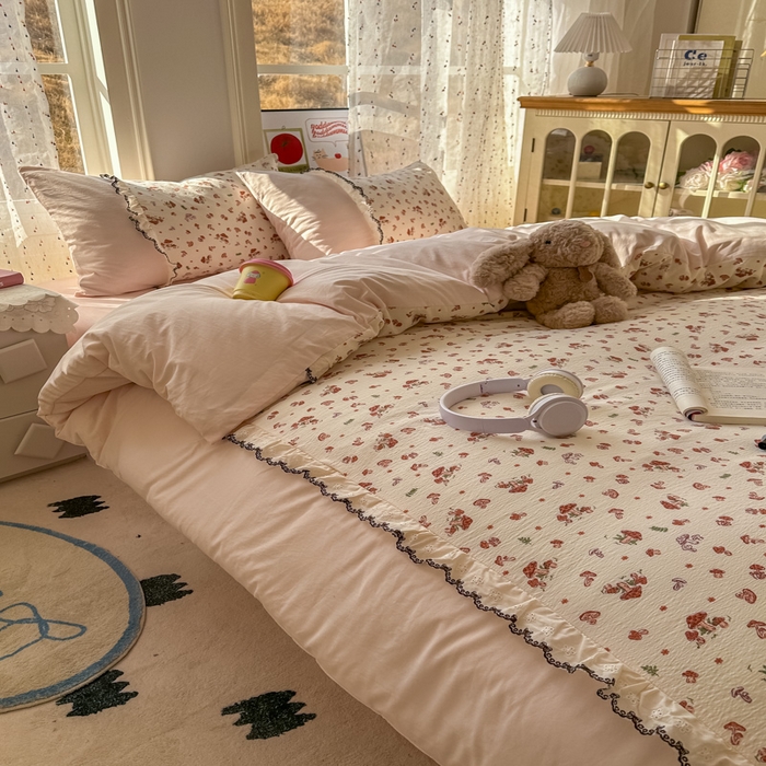 91家纺网 家纺一手货源 找家纺 贝凯瑞 2026新款小花边水洗棉绣花ins小清新床单床裙床笠四件套 蘑菇园