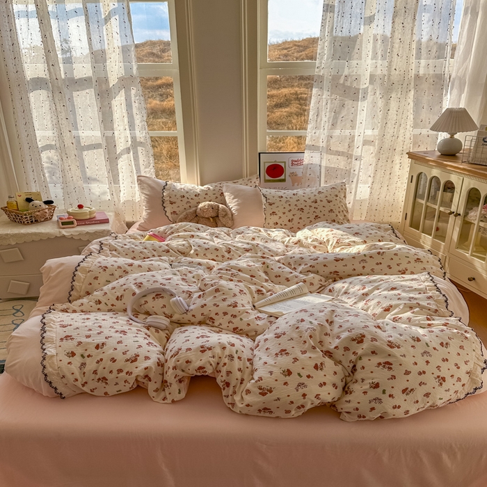 91家纺网 家纺一手货源 找家纺 贝凯瑞 2026新款小花边水洗棉绣花ins小清新床单床裙床笠四件套 蘑菇园
