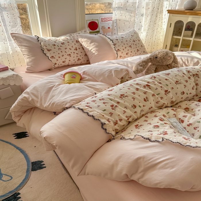 91家纺网 家纺一手货源 找家纺 贝凯瑞 2026新款小花边水洗棉绣花ins小清新床单床裙床笠四件套 蘑菇园