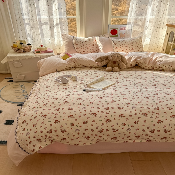 91家纺网 家纺一手货源 找家纺 贝凯瑞 2026新款小花边水洗棉绣花ins小清新床单床裙床笠四件套 蘑菇园