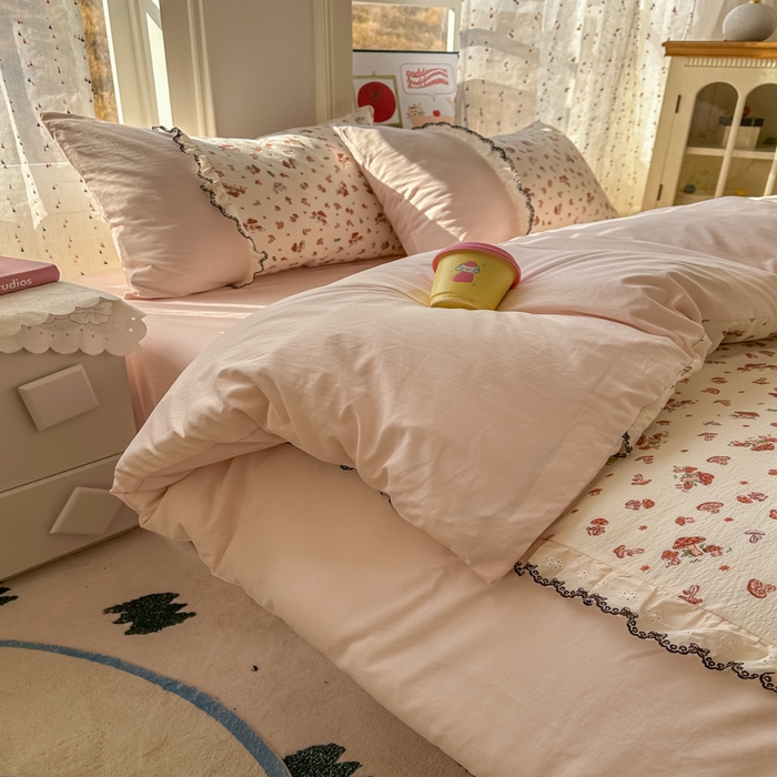 91家纺网 家纺一手货源 找家纺 贝凯瑞 2026新款小花边水洗棉绣花ins小清新床单床裙床笠四件套 蘑菇园