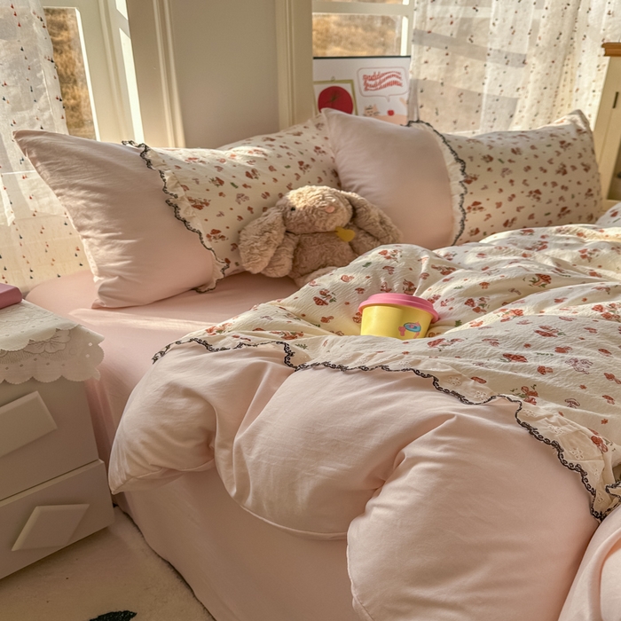 91家纺网 家纺一手货源 找家纺 贝凯瑞 2026新款小花边水洗棉绣花ins小清新床单床裙床笠四件套 蘑菇园