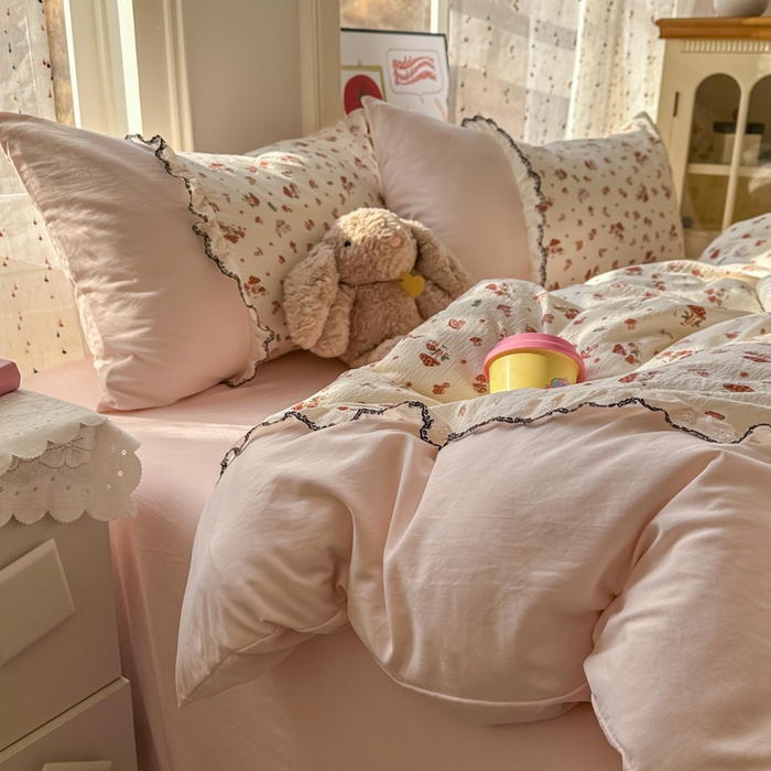 91家纺网 家纺一手货源 找家纺 贝凯瑞 2026新款小花边水洗棉绣花ins小清新床单床裙床笠四件套 蘑菇园