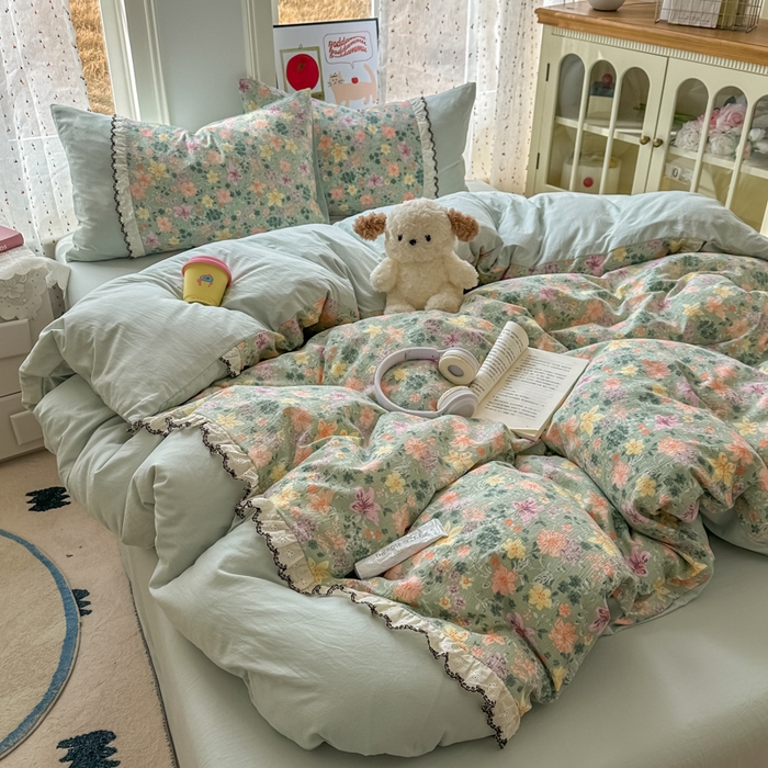 贝凯瑞 2026新款小花边水洗棉绣花ins小清新床单床裙床笠四件套 浅若花落