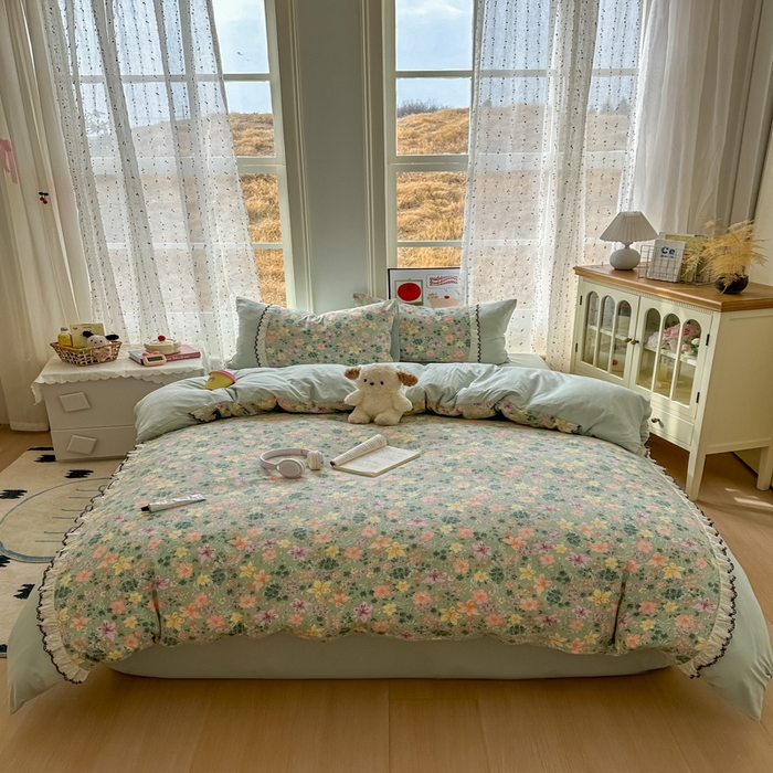 91家纺网 家纺一手货源 找家纺 贝凯瑞 2026新款小花边水洗棉绣花ins小清新床单床裙床笠四件套 浅若花落