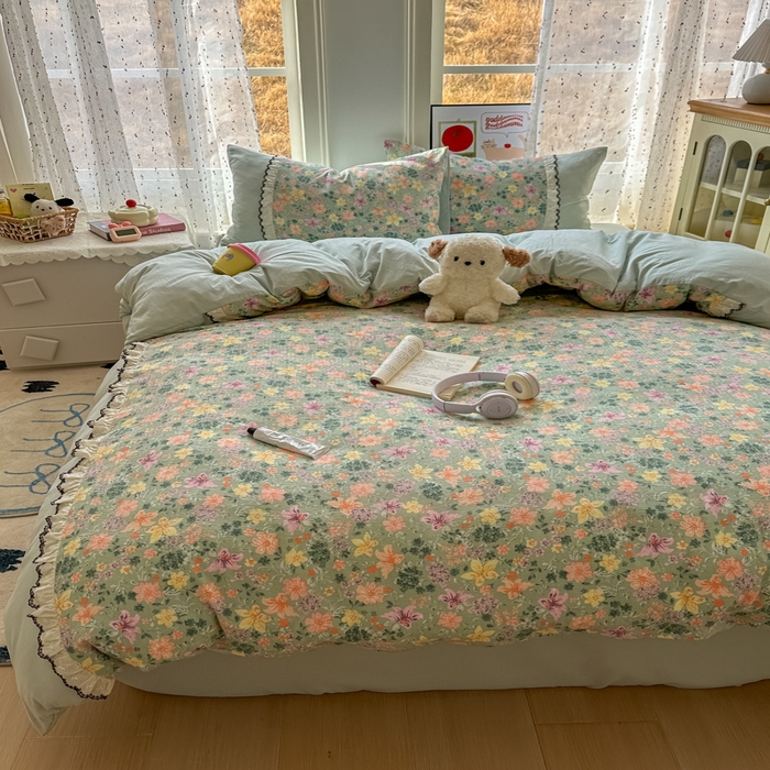 91家纺网 家纺一手货源 找家纺 贝凯瑞 2026新款小花边水洗棉绣花ins小清新床单床裙床笠四件套 浅若花落