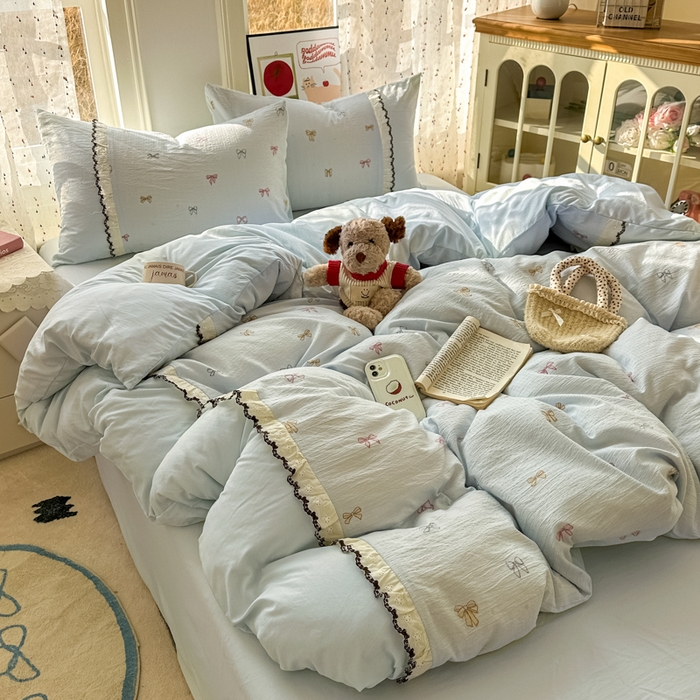 贝凯瑞 2026新款小花边水洗棉绣花ins小清新床单床裙床笠四件套 淑女情怀