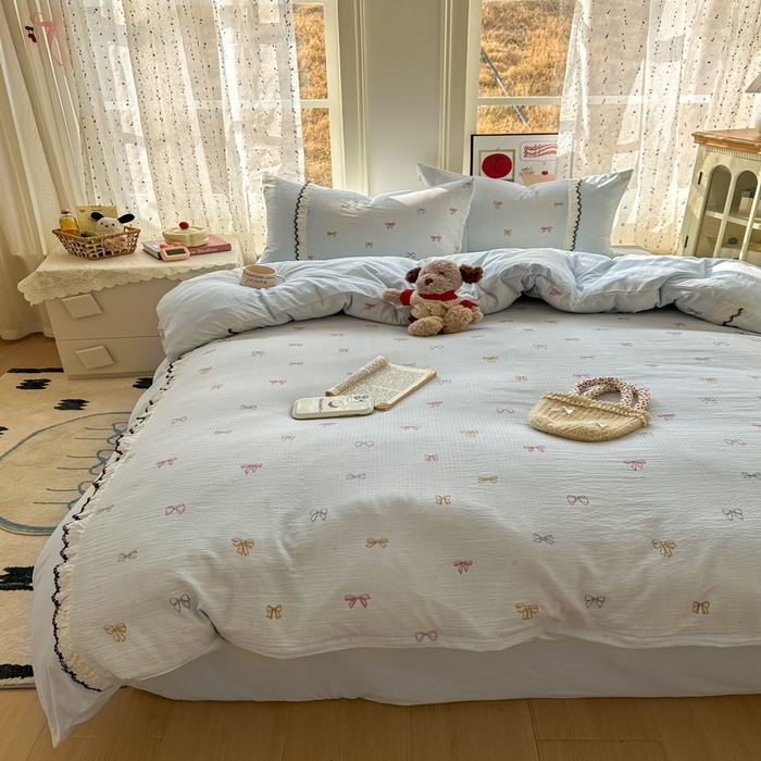 91家纺网 家纺一手货源 找家纺 贝凯瑞 2026新款小花边水洗棉绣花ins小清新床单床裙床笠四件套 淑女情怀