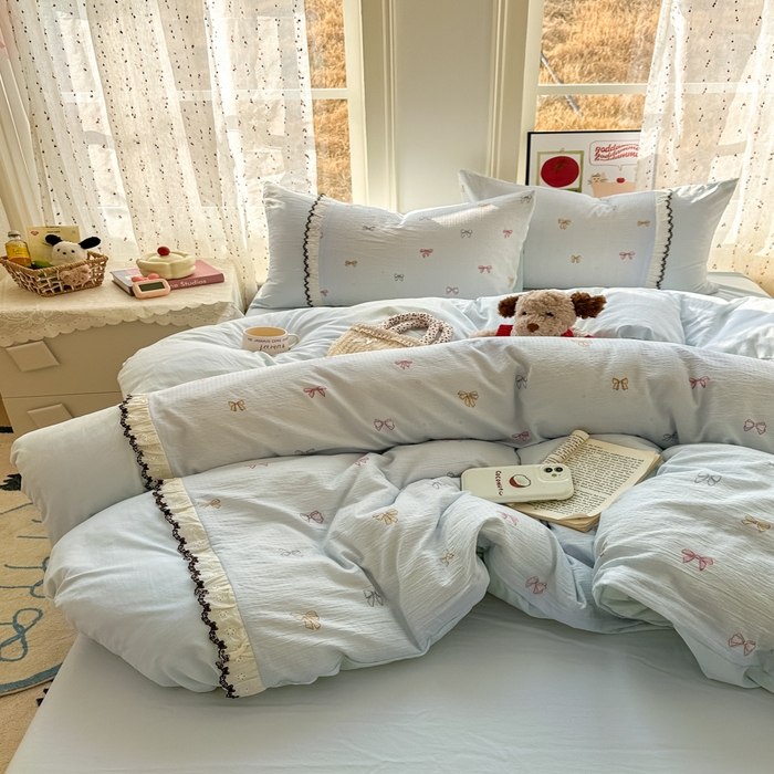 91家纺网 家纺一手货源 找家纺 贝凯瑞 2026新款小花边水洗棉绣花ins小清新床单床裙床笠四件套 淑女情怀