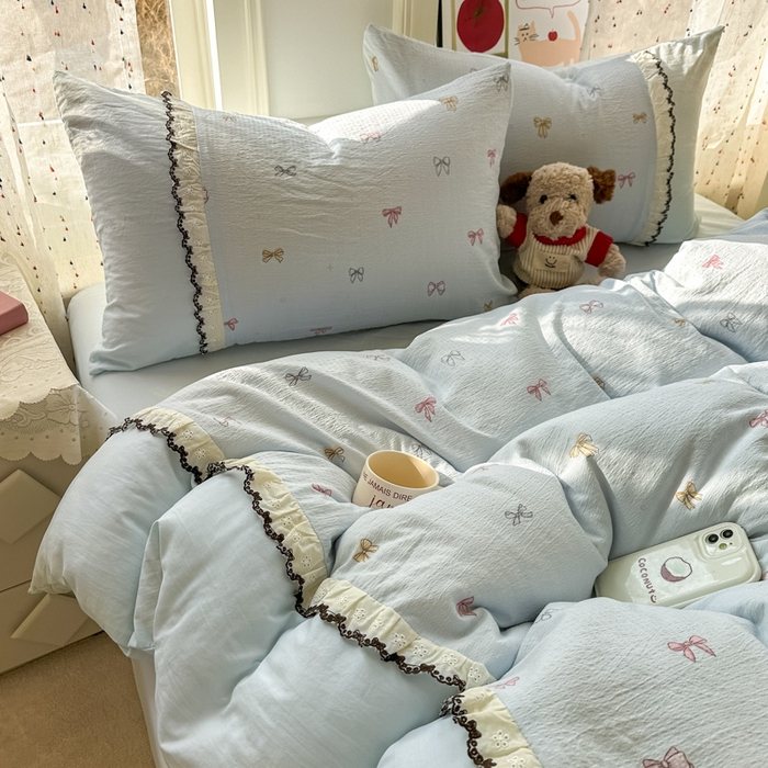 91家纺网 家纺一手货源 找家纺 贝凯瑞 2026新款小花边水洗棉绣花ins小清新床单床裙床笠四件套 淑女情怀