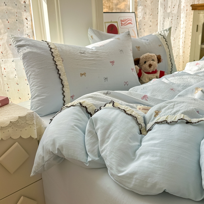 91家纺网 家纺一手货源 找家纺 贝凯瑞 2026新款小花边水洗棉绣花ins小清新床单床裙床笠四件套 淑女情怀