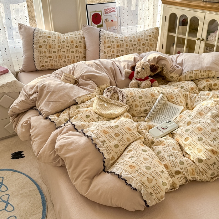 贝凯瑞 2026新款小花边水洗棉绣花ins小清新床单床裙床笠四件套 水果派对