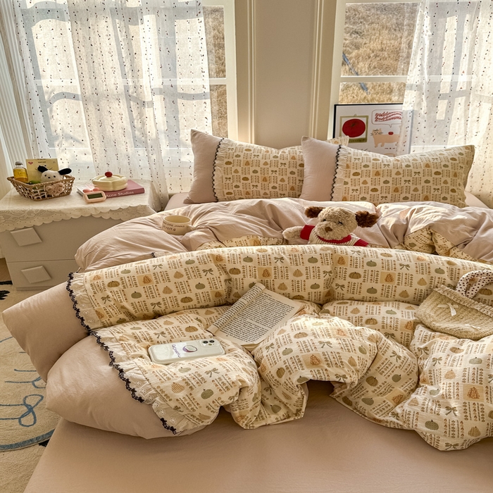 91家纺网 家纺一手货源 找家纺 贝凯瑞 2026新款小花边水洗棉绣花ins小清新床单床裙床笠四件套 水果派对