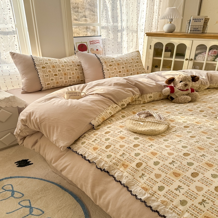 91家纺网 家纺一手货源 找家纺 贝凯瑞 2026新款小花边水洗棉绣花ins小清新床单床裙床笠四件套 水果派对