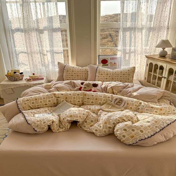 91家纺网 家纺一手货源 找家纺 贝凯瑞 2026新款小花边水洗棉绣花ins小清新床单床裙床笠四件套 水果派对