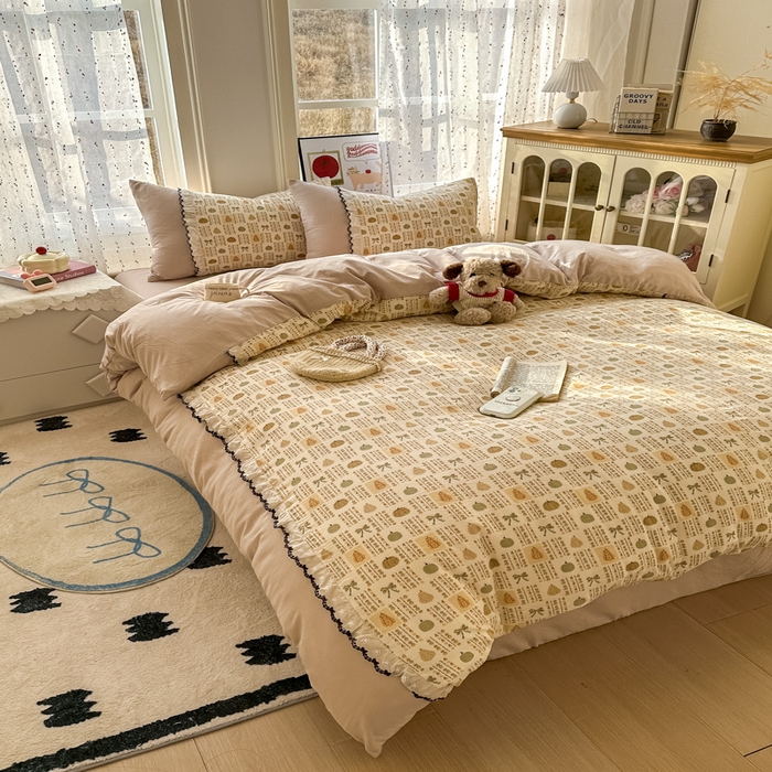 91家纺网 家纺一手货源 找家纺 贝凯瑞 2026新款小花边水洗棉绣花ins小清新床单床裙床笠四件套 水果派对