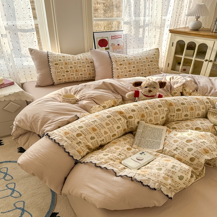 91家纺网 家纺一手货源 找家纺 贝凯瑞 2026新款小花边水洗棉绣花ins小清新床单床裙床笠四件套 水果派对