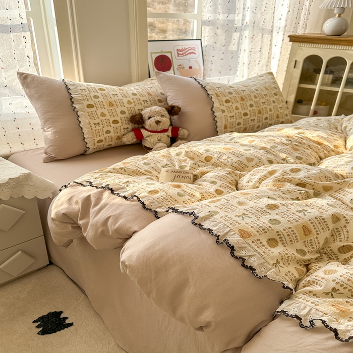 91家纺网 家纺一手货源 找家纺 贝凯瑞 2026新款小花边水洗棉绣花ins小清新床单床裙床笠四件套 水果派对