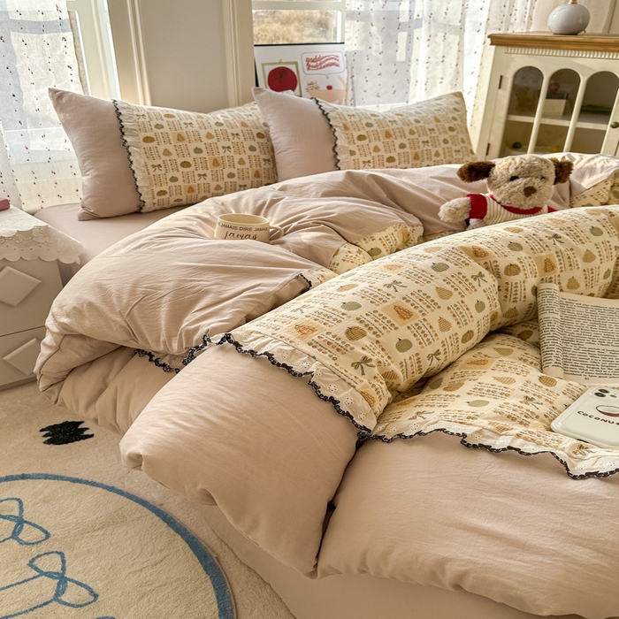 91家纺网 家纺一手货源 找家纺 贝凯瑞 2026新款小花边水洗棉绣花ins小清新床单床裙床笠四件套 水果派对