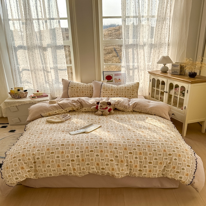 91家纺网 家纺一手货源 找家纺 贝凯瑞 2026新款小花边水洗棉绣花ins小清新床单床裙床笠四件套 水果派对