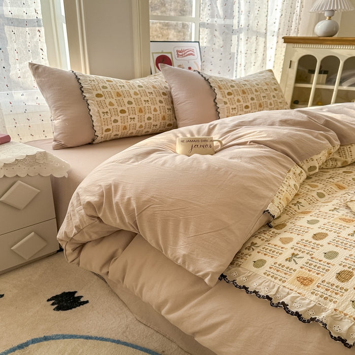 91家纺网 家纺一手货源 找家纺 贝凯瑞 2026新款小花边水洗棉绣花ins小清新床单床裙床笠四件套 水果派对