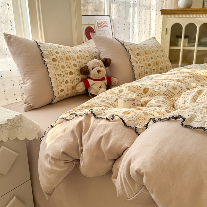 91家纺网 家纺一手货源 找家纺 贝凯瑞 2026新款小花边水洗棉绣花ins小清新床单床裙床笠四件套 水果派对