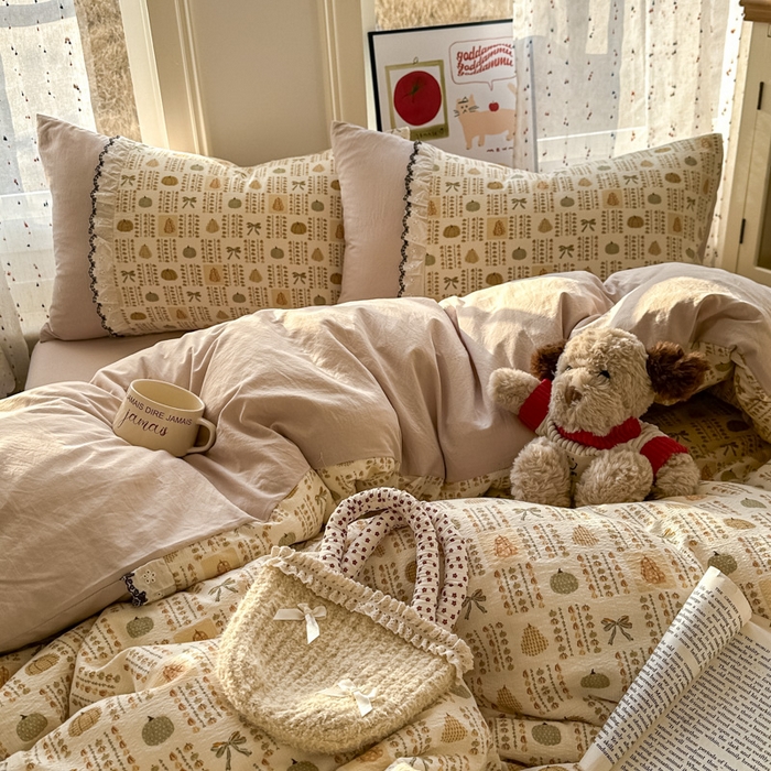 91家纺网 家纺一手货源 找家纺 贝凯瑞 2026新款小花边水洗棉绣花ins小清新床单床裙床笠四件套 水果派对