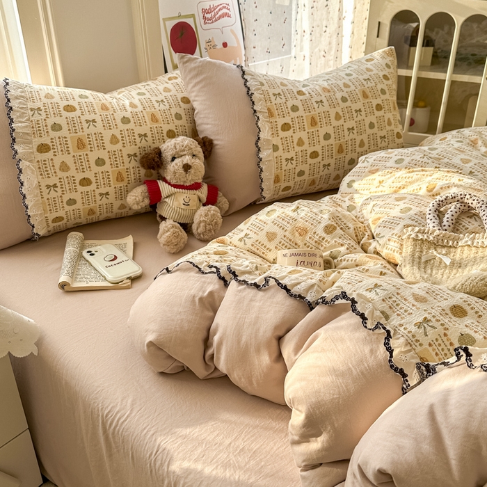 91家纺网 家纺一手货源 找家纺 贝凯瑞 2026新款小花边水洗棉绣花ins小清新床单床裙床笠四件套 水果派对