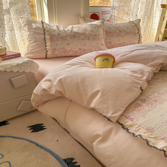 91家纺网 家纺一手货源 找家纺 贝凯瑞 2026新款小花边水洗棉绣花ins小清新床单床裙床笠四件套 西西莉亚