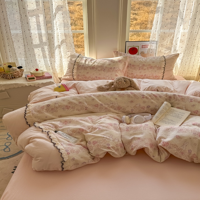 91家纺网 家纺一手货源 找家纺 贝凯瑞 2026新款小花边水洗棉绣花ins小清新床单床裙床笠四件套 西西莉亚