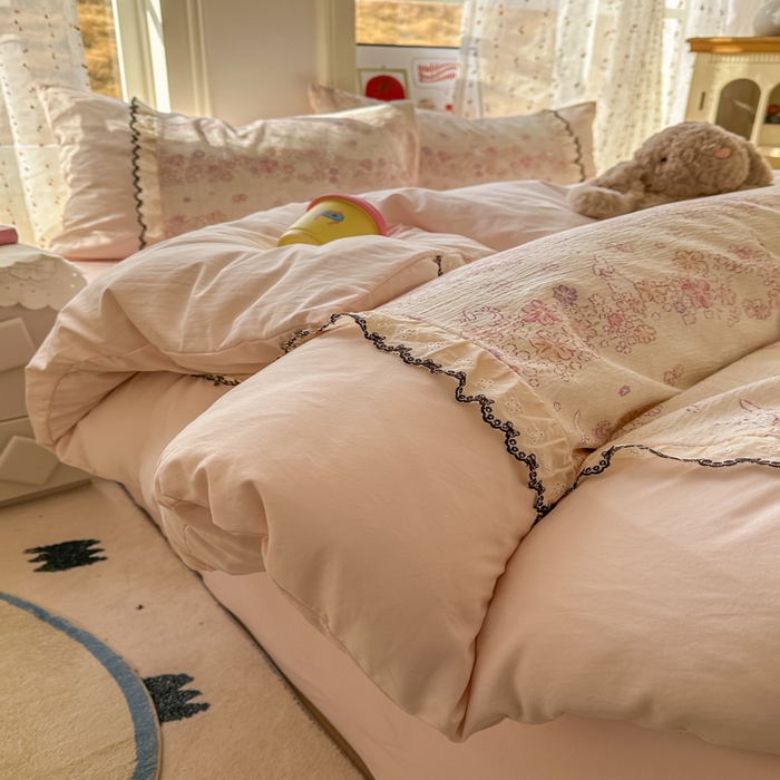 91家纺网 家纺一手货源 找家纺 贝凯瑞 2026新款小花边水洗棉绣花ins小清新床单床裙床笠四件套 西西莉亚