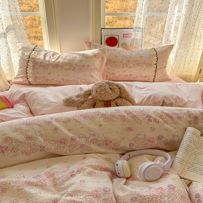 91家纺网 家纺一手货源 找家纺 贝凯瑞 2026新款小花边水洗棉绣花ins小清新床单床裙床笠四件套 西西莉亚