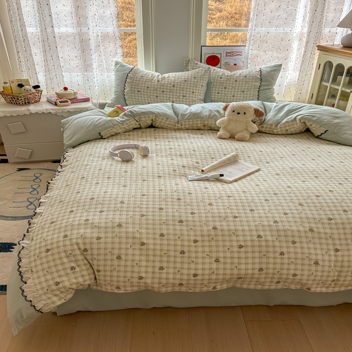 91家纺网 家纺一手货源 找家纺 贝凯瑞 2026新款小花边水洗棉绣花ins小清新床单床裙床笠四件套 佐伊