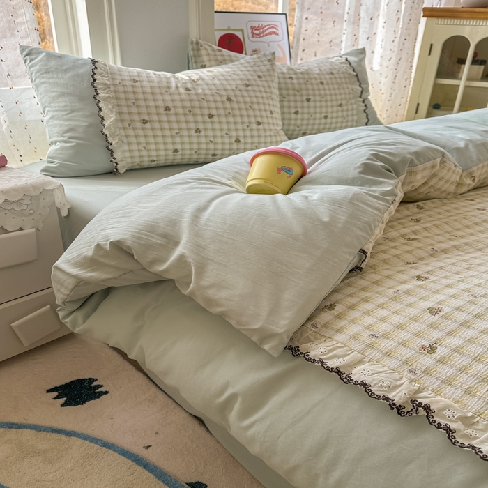 91家纺网 家纺一手货源 找家纺 贝凯瑞 2026新款小花边水洗棉绣花ins小清新床单床裙床笠四件套 佐伊