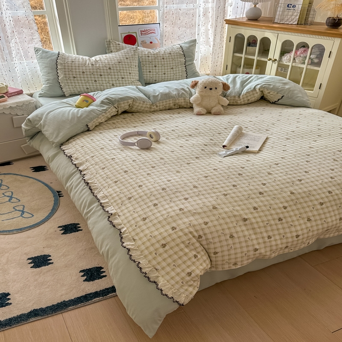 91家纺网 家纺一手货源 找家纺 贝凯瑞 2026新款小花边水洗棉绣花ins小清新床单床裙床笠四件套 佐伊