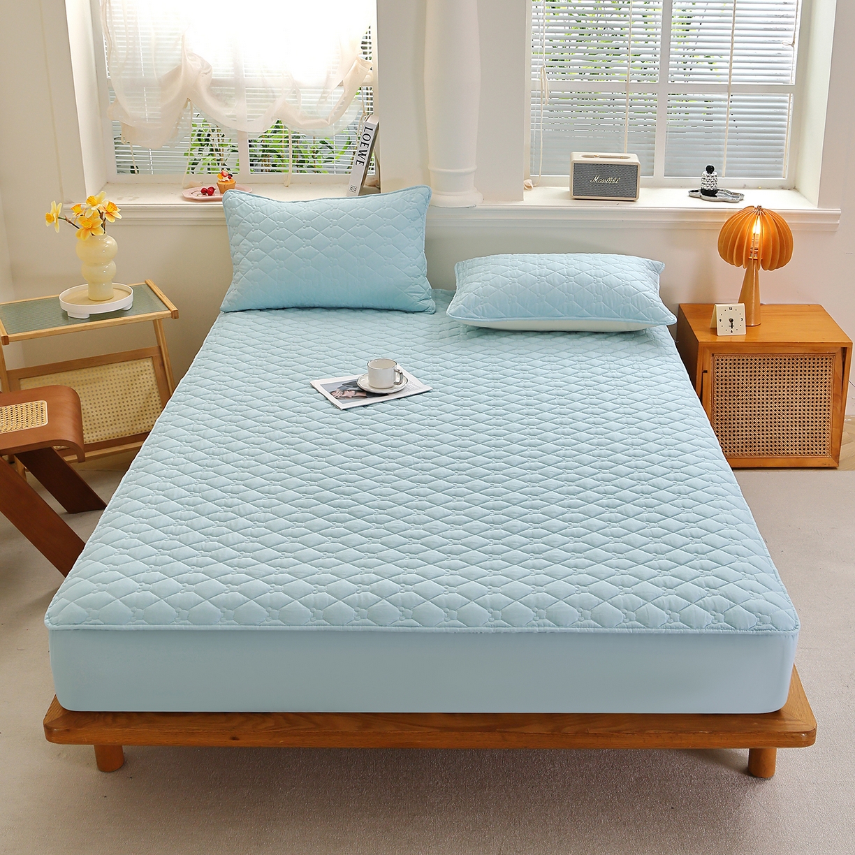 91家纺网 家纺一手货源 找家纺 彩亿家纺 2026新款亲肤柔软13372纯棉床笠三件套床垫保护套-小熊 小熊-丹青蓝