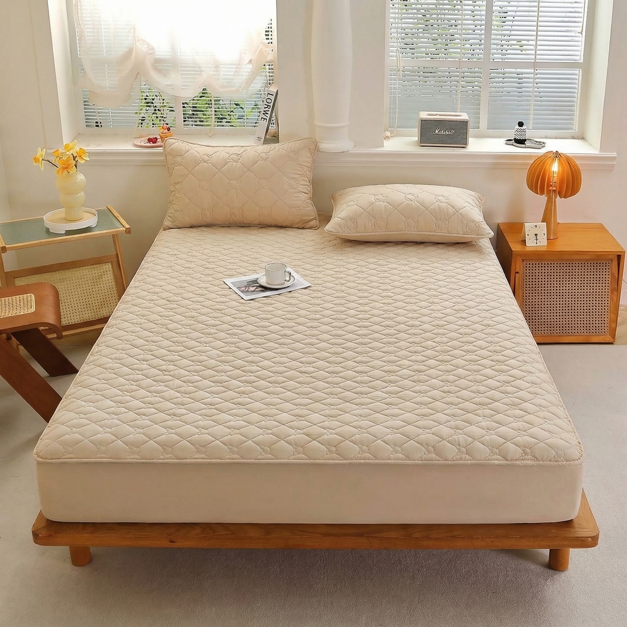 彩亿家纺 2026新款亲肤柔软13372纯棉床笠三件套床垫保护套-小熊 小熊-太妃咖