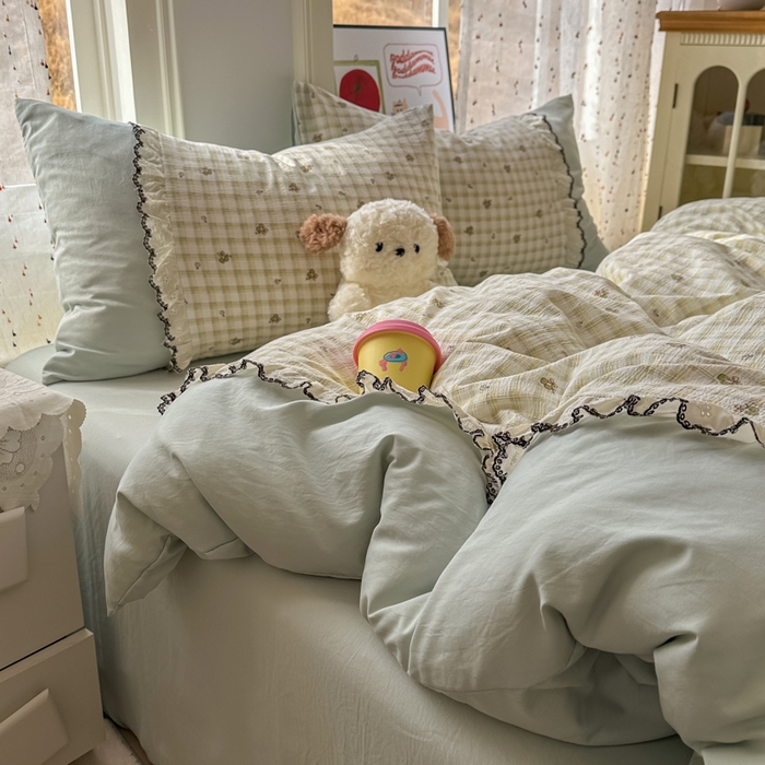 91家纺网 家纺一手货源 找家纺 贝凯瑞 2026新款小花边水洗棉绣花ins小清新床单床裙床笠四件套 佐伊