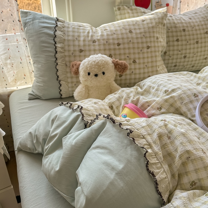 91家纺网 家纺一手货源 找家纺 贝凯瑞 2026新款小花边水洗棉绣花ins小清新床单床裙床笠四件套 佐伊