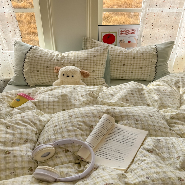 91家纺网 家纺一手货源 找家纺 贝凯瑞 2026新款小花边水洗棉绣花ins小清新床单床裙床笠四件套 佐伊