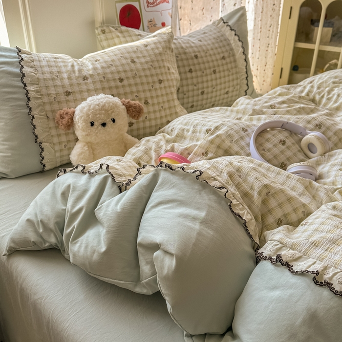 91家纺网 家纺一手货源 找家纺 贝凯瑞 2026新款小花边水洗棉绣花ins小清新床单床裙床笠四件套 佐伊