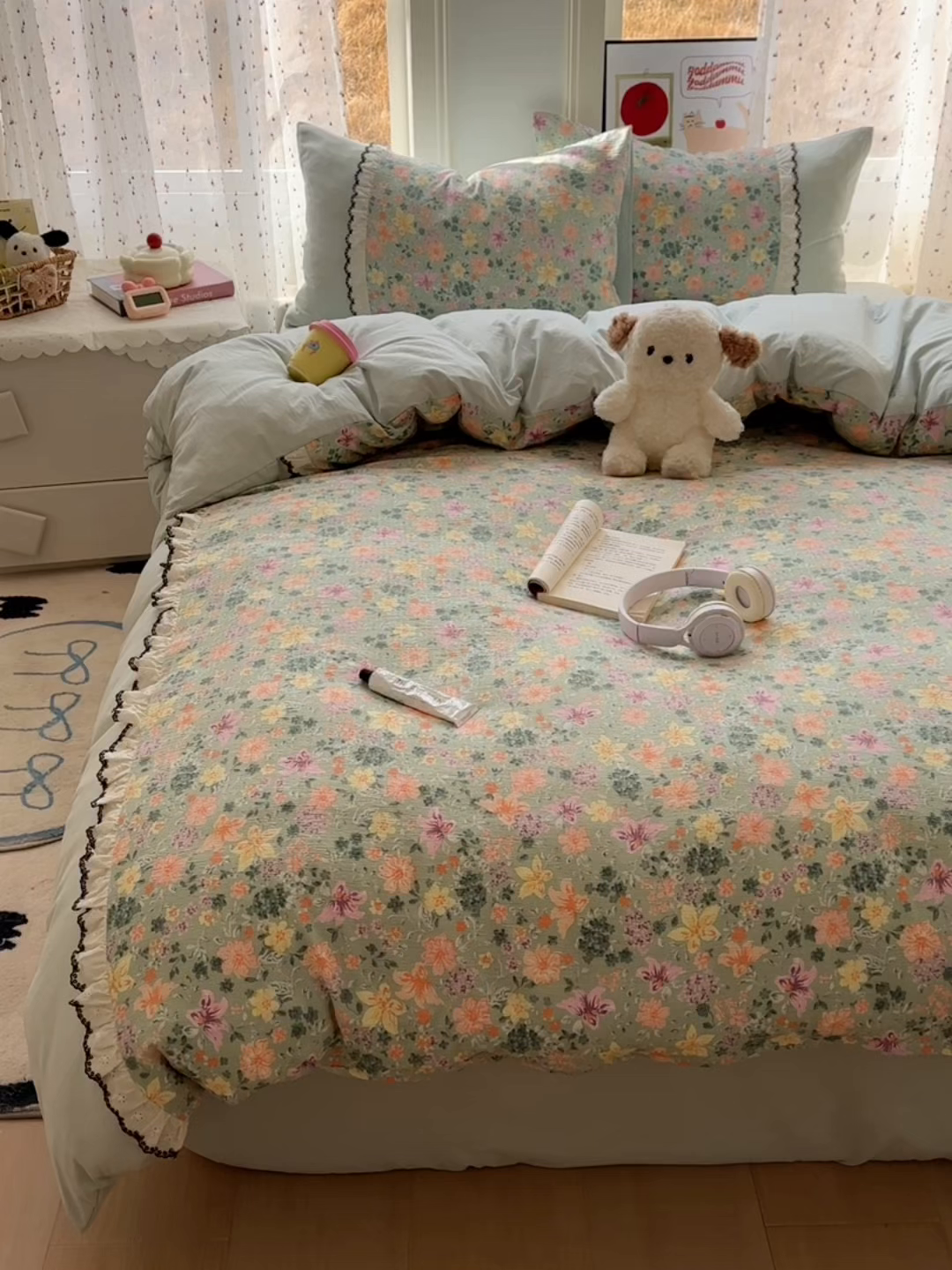 91家纺网 家纺一手货源 找家纺 贝凯瑞 2026新款小花边水洗棉绣花ins小清新床单床裙床笠四件套 佐伊