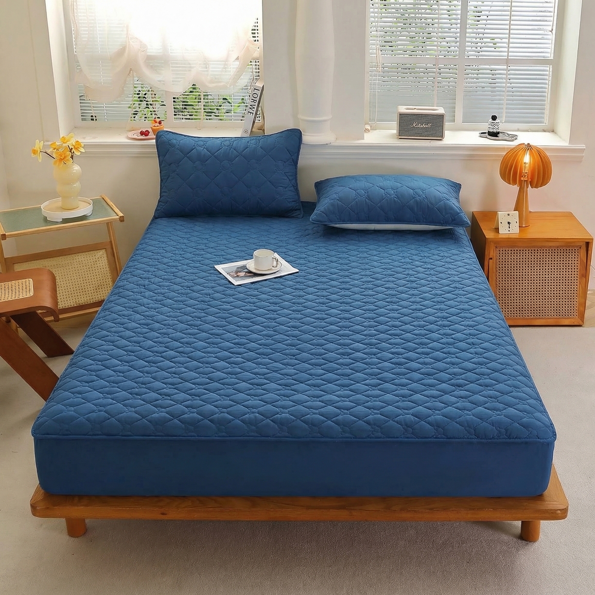 彩亿家纺 2026新款亲肤柔软13372纯棉床笠三件套床垫保护套-小熊 小熊-苍蓝