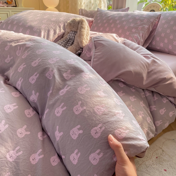 91家纺网 家纺一手货源 找家纺 豫见家纺 2026新款古法水洗仿棉云感纱四件套 吉米兔-紫