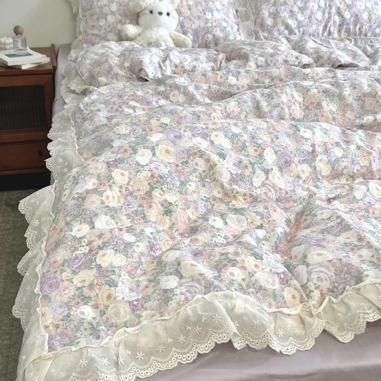 荣轩家居 2026新款韩式浪漫花边工艺款全棉纯棉双层纱四件套（铺床版） 伴花眠