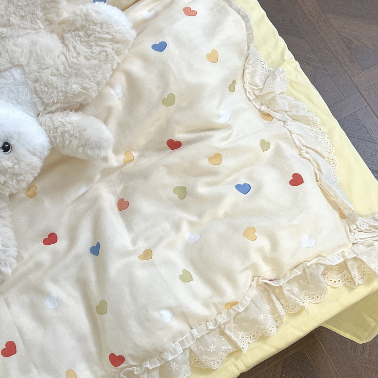 91家纺网 家纺一手货源 找家纺 荣轩家居 2026新款韩式浪漫花边工艺款全棉纯棉双层纱四件套（铺床版） 小甜心