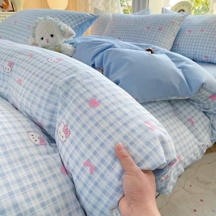 豫见家纺 2026新款古法水洗仿棉云感纱四件套 乖巧KT-蓝