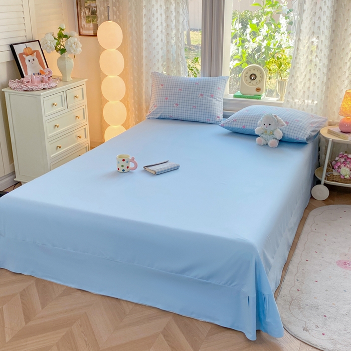 91家纺网 家纺一手货源 找家纺 豫见家纺 2026新款古法水洗仿棉云感纱四件套 乖巧KT-蓝